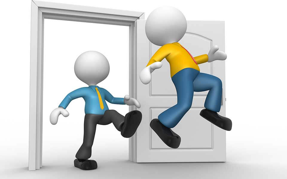 Animated person kicking another person out the door