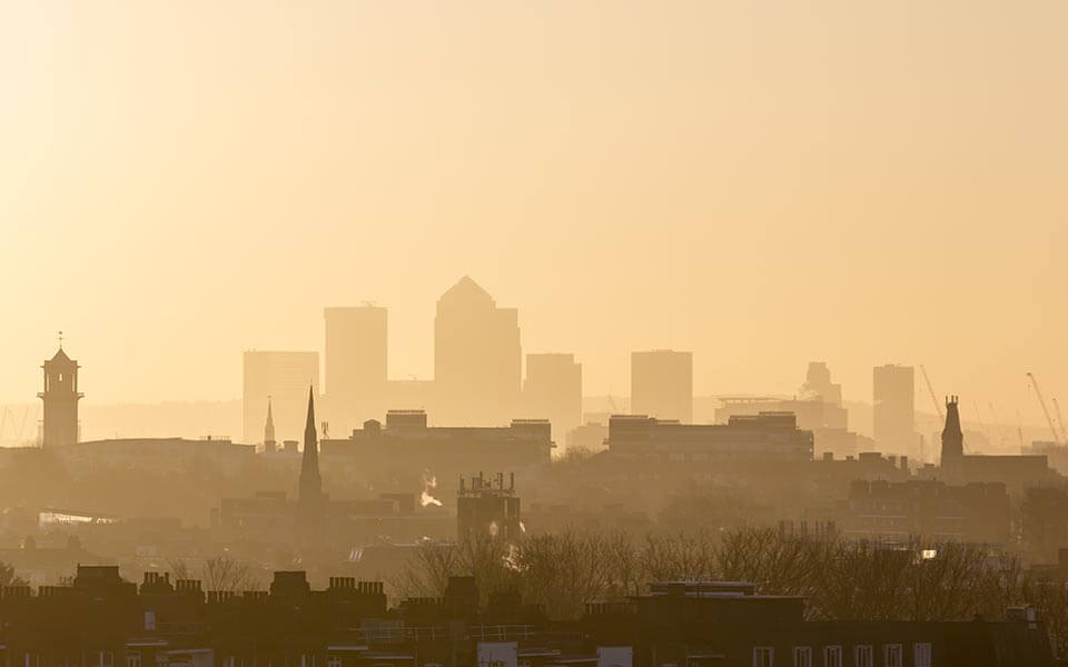 Misty London skyline in the morning