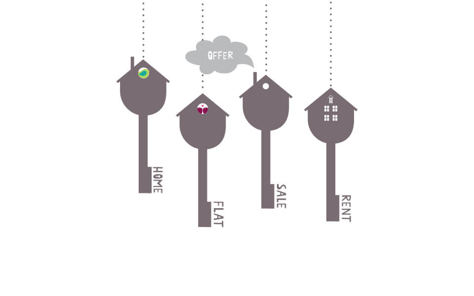 Keys hanging with Sale, Rent, Home, Flat